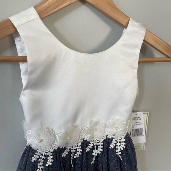 NWT Couture Princess White Satin and Blue Sparkle Formal Party Dress Sz: Girls 5 - Picture 3 of 12